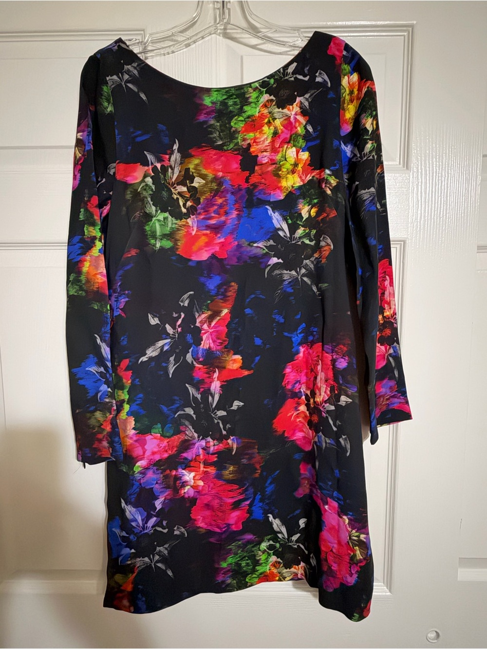 Milly Black Long-Sleeve Shift Dress with Bright Floral Print